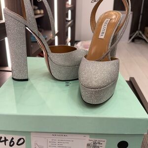 Aquazzura Sparkling Metallic Platform Sandals in Silver